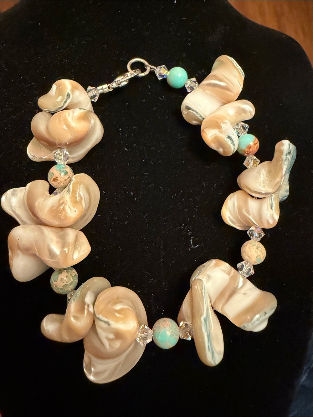 Pearl-Tone Sculpted Bead Statement bracelet in Cream and Turquoise